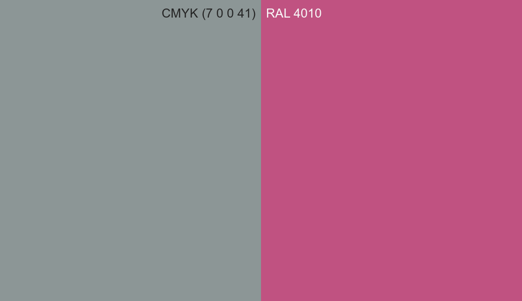 CMYK Color CMYK (7 0 0 41) vs RAL 4010 side by side comparison CMYK Color CMYK (7 0 0 41) vs RAL 4010 side by side comparison