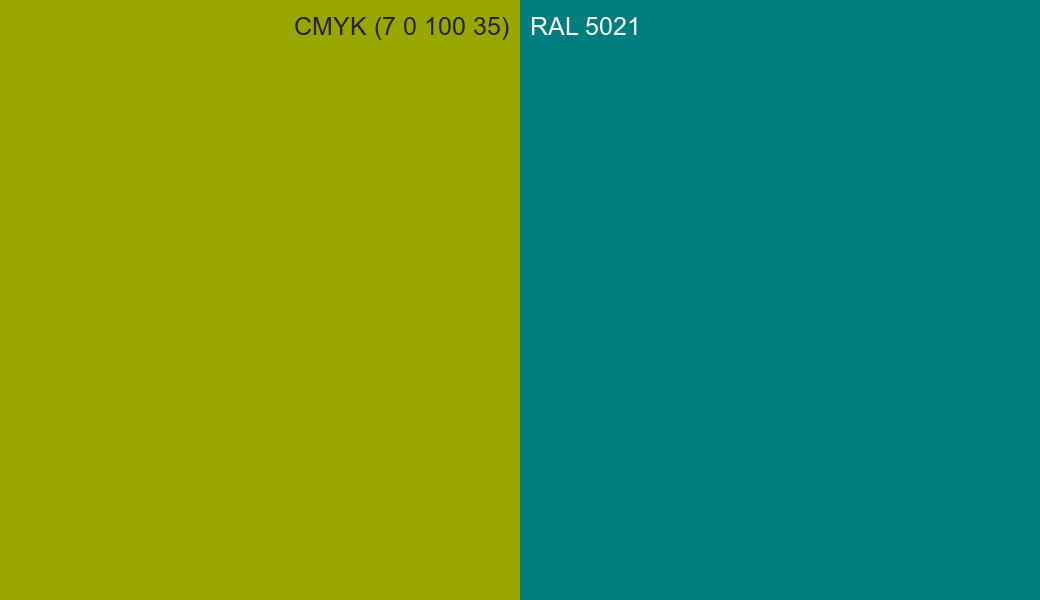 CMYK Color CMYK (7 0 100 35) vs RAL 5021 side by side comparison CMYK Color CMYK (7 0 100 35) vs RAL 5021 side by side comparison