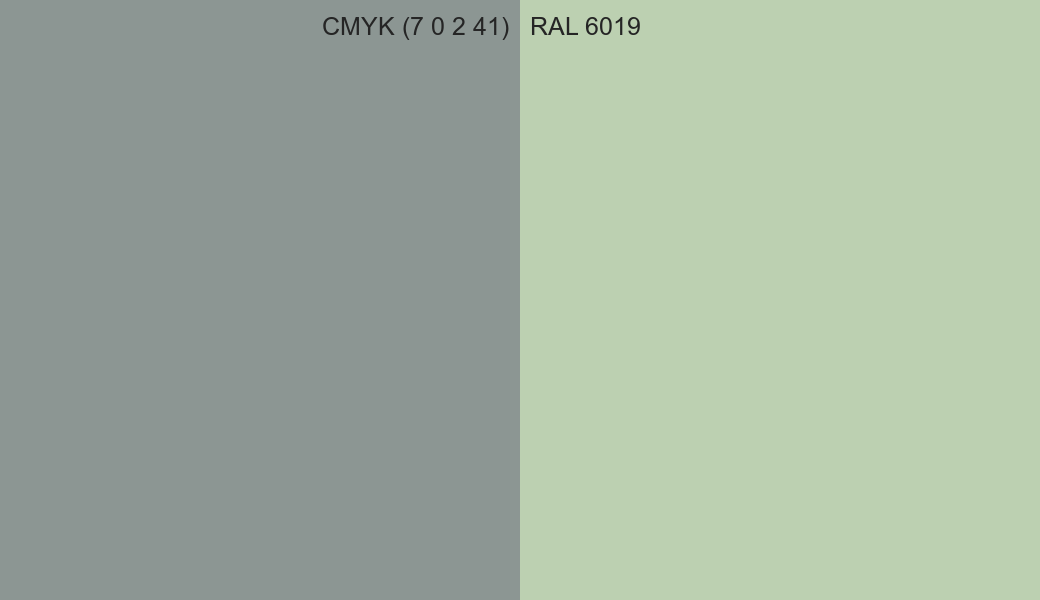 CMYK Color CMYK (7 0 2 41) vs RAL 6019 side by side comparison CMYK Color CMYK (7 0 2 41) vs RAL 6019 side by side comparison