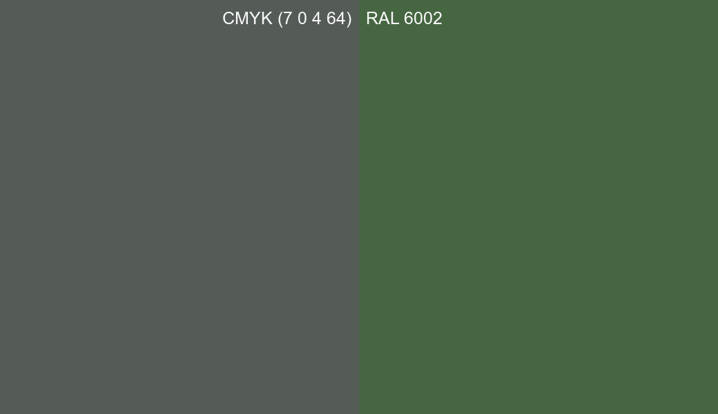 CMYK Color CMYK (7 0 4 64) vs RAL 6002 side by side comparison CMYK Color CMYK (7 0 4 64) vs RAL 6002 side by side comparison