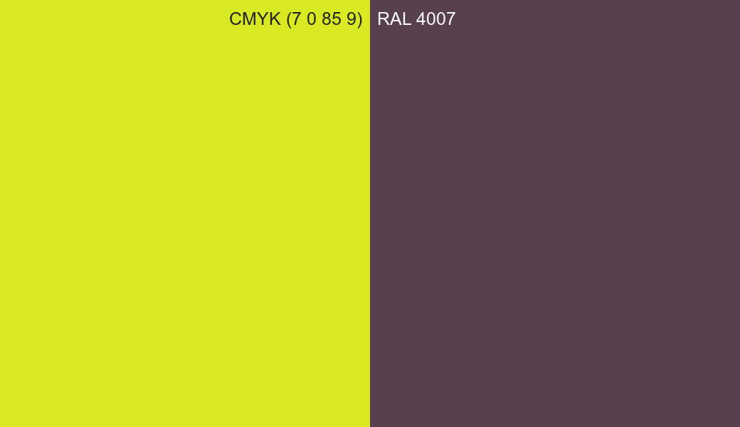 CMYK Color CMYK (7 0 85 9) vs RAL 4007 side by side comparison CMYK Color CMYK (7 0 85 9) vs RAL 4007 side by side comparison