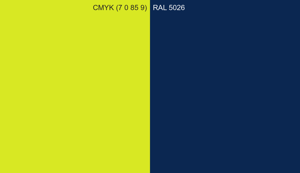 CMYK Color CMYK (7 0 85 9) vs RAL 5026 side by side comparison CMYK Color CMYK (7 0 85 9) vs RAL 5026 side by side comparison