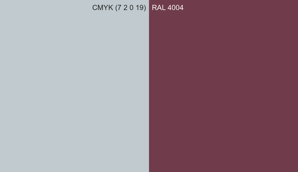 CMYK Color CMYK (7 2 0 19) vs RAL 4004 side by side comparison CMYK Color CMYK (7 2 0 19) vs RAL 4004 side by side comparison