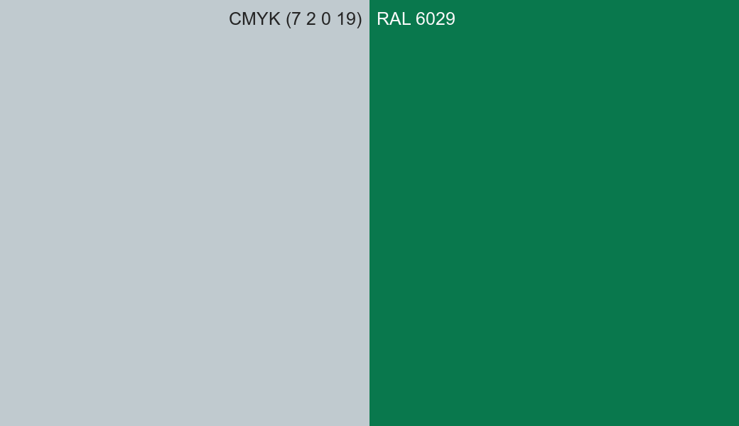 CMYK Color CMYK (7 2 0 19) vs RAL 6029 side by side comparison CMYK Color CMYK (7 2 0 19) vs RAL 6029 side by side comparison
