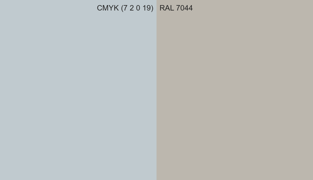 CMYK Color CMYK (7 2 0 19) vs RAL 7044 side by side comparison CMYK Color CMYK (7 2 0 19) vs RAL 7044 side by side comparison