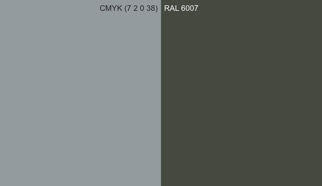 CMYK Color CMYK (7 2 0 38) vs RAL 6007 side by side comparison CMYK Color CMYK (7 2 0 38) vs RAL 6007 side by side comparison