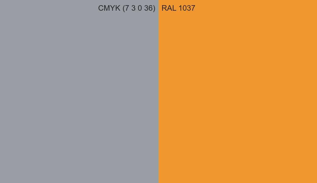 CMYK Color CMYK (7 3 0 36) vs RAL 1037 side by side comparison CMYK Color CMYK (7 3 0 36) vs RAL 1037 side by side comparison