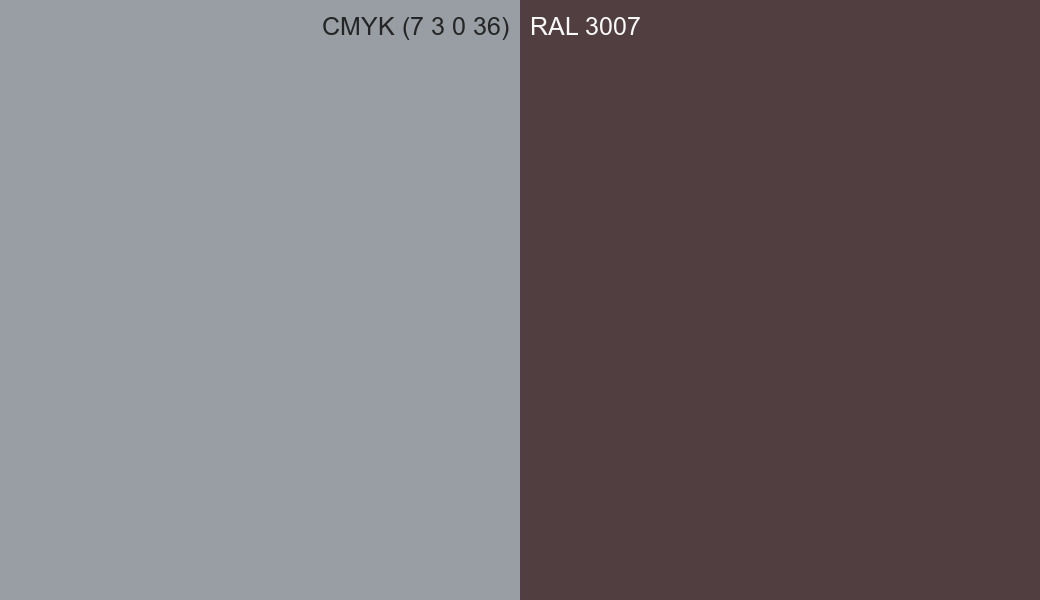 CMYK Color CMYK (7 3 0 36) vs RAL 3007 side by side comparison CMYK Color CMYK (7 3 0 36) vs RAL 3007 side by side comparison