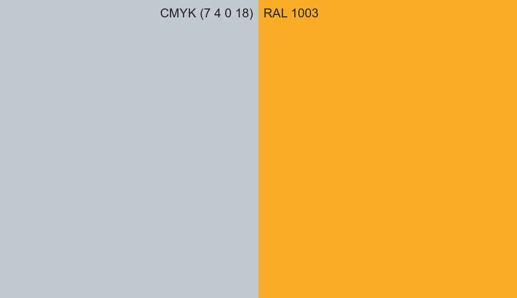 CMYK Color CMYK (7 4 0 18) vs RAL 1003 side by side comparison CMYK Color CMYK (7 4 0 18) vs RAL 1003 side by side comparison