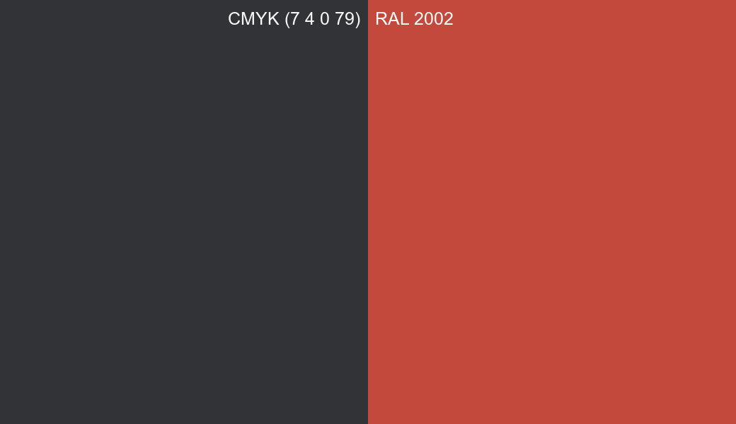CMYK Color CMYK (7 4 0 79) vs RAL 2002 side by side comparison CMYK Color CMYK (7 4 0 79) vs RAL 2002 side by side comparison