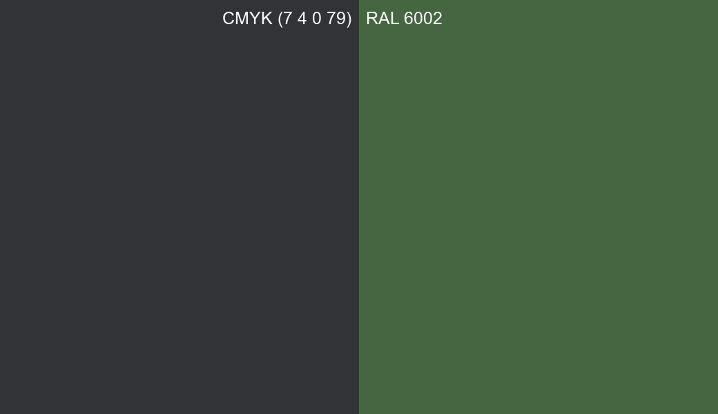 CMYK Color CMYK (7 4 0 79) vs RAL 6002 side by side comparison CMYK Color CMYK (7 4 0 79) vs RAL 6002 side by side comparison