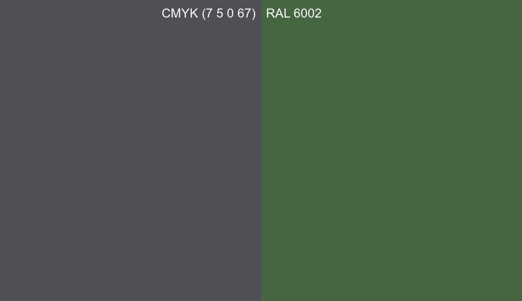 CMYK Color CMYK (7 5 0 67) vs RAL 6002 side by side comparison CMYK Color CMYK (7 5 0 67) vs RAL 6002 side by side comparison