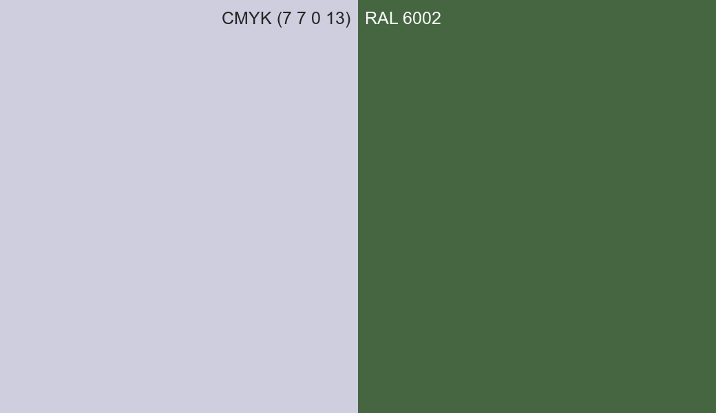 CMYK Color CMYK (7 7 0 13) vs RAL 6002 side by side comparison CMYK Color CMYK (7 7 0 13) vs RAL 6002 side by side comparison