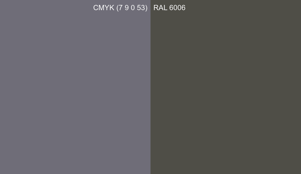 CMYK Color CMYK (7 9 0 53) vs RAL 6006 side by side comparison CMYK Color CMYK (7 9 0 53) vs RAL 6006 side by side comparison