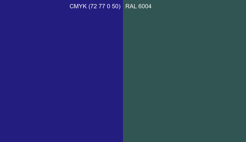 CMYK Color CMYK (72 77 0 50) vs RAL 6004 side by side comparison CMYK Color CMYK (72 77 0 50) vs RAL 6004 side by side comparison