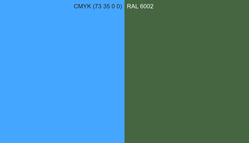 CMYK Color CMYK (73 35 0 0) vs RAL 6002 side by side comparison CMYK Color CMYK (73 35 0 0) vs RAL 6002 side by side comparison