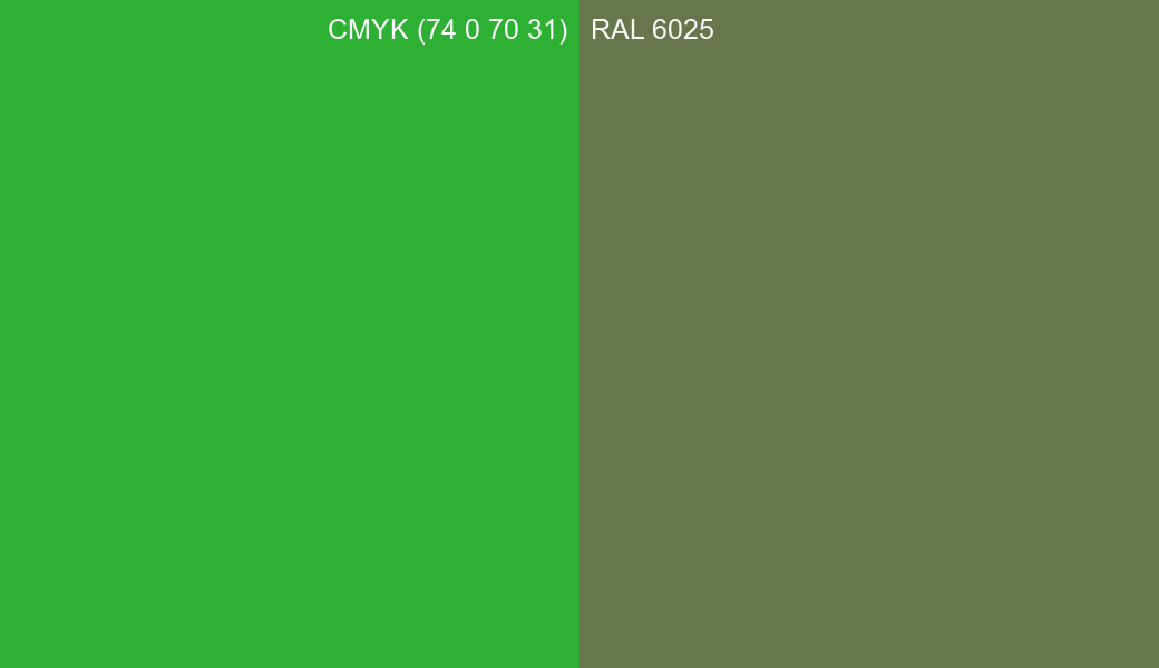 CMYK Color CMYK (74 0 70 31) vs RAL 6025 side by side comparison CMYK Color CMYK (74 0 70 31) vs RAL 6025 side by side comparison