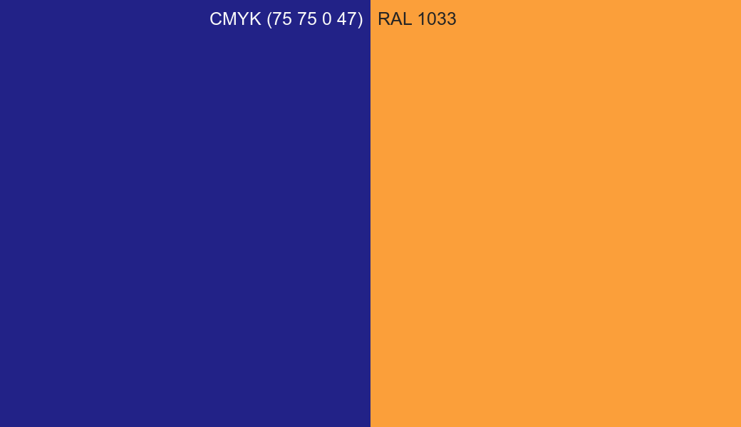 CMYK Color CMYK (75 75 0 47) vs RAL 1033 side by side comparison CMYK Color CMYK (75 75 0 47) vs RAL 1033 side by side comparison