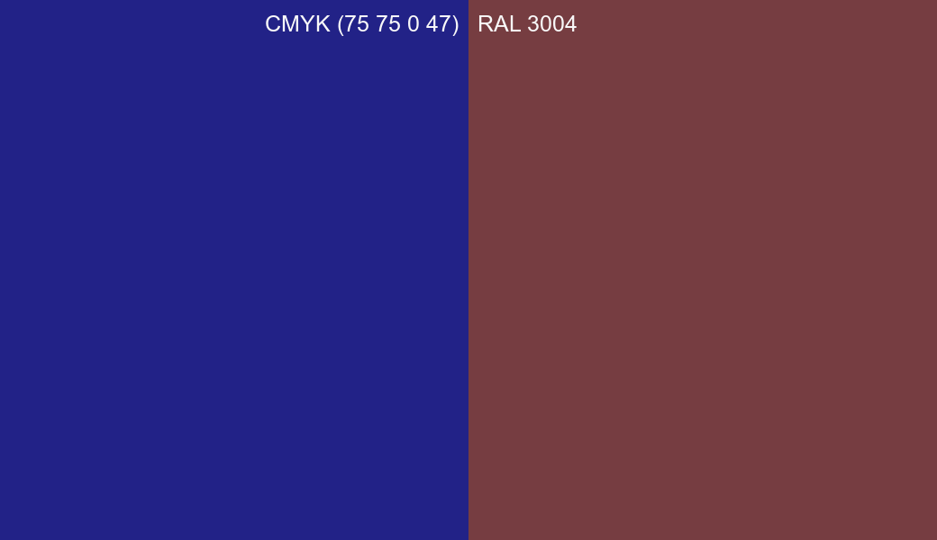 CMYK Color CMYK (75 75 0 47) vs RAL 3004 side by side comparison CMYK Color CMYK (75 75 0 47) vs RAL 3004 side by side comparison