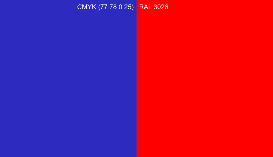 CMYK Color CMYK (77 78 0 25) vs RAL 3026 side by side comparison CMYK Color CMYK (77 78 0 25) vs RAL 3026 side by side comparison