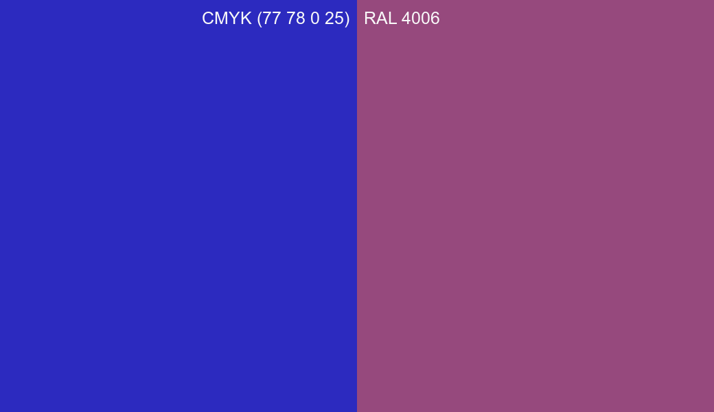 CMYK Color CMYK (77 78 0 25) vs RAL 4006 side by side comparison CMYK Color CMYK (77 78 0 25) vs RAL 4006 side by side comparison