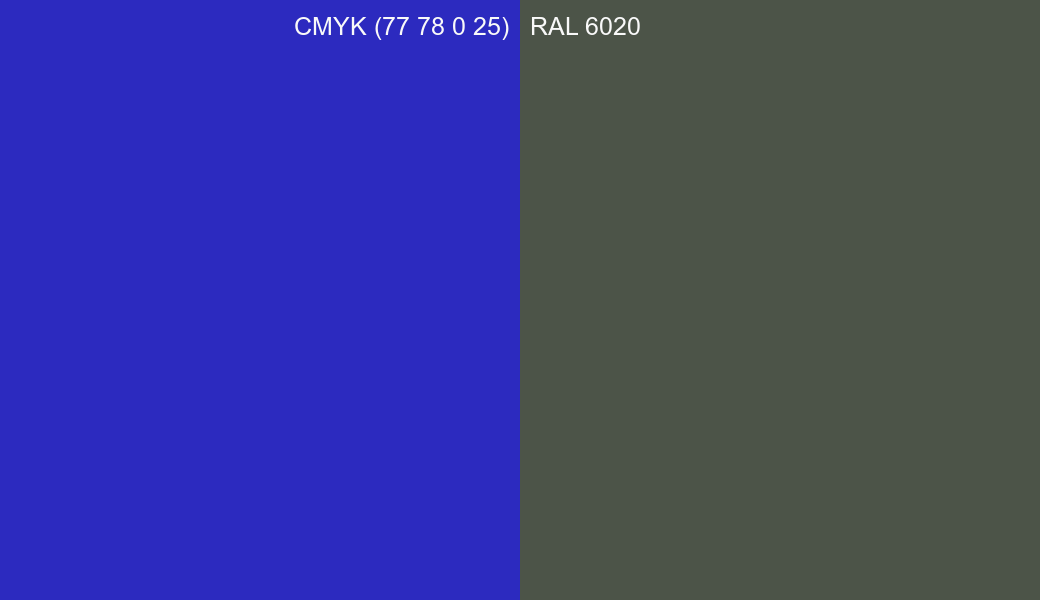 CMYK Color CMYK (77 78 0 25) vs RAL 6020 side by side comparison CMYK Color CMYK (77 78 0 25) vs RAL 6020 side by side comparison