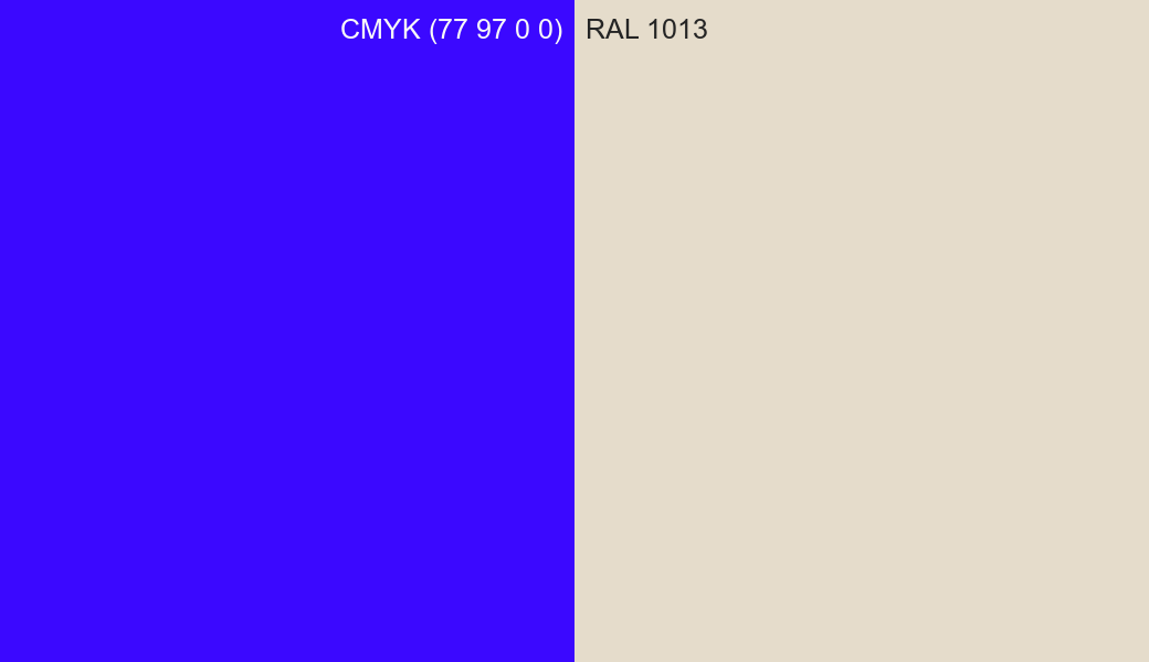 CMYK Color CMYK (77 97 0 0) vs RAL 1013 side by side comparison CMYK Color CMYK (77 97 0 0) vs RAL 1013 side by side comparison