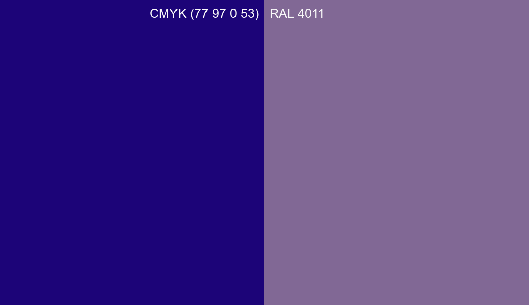 CMYK Color CMYK (77 97 0 53) vs RAL 4011 side by side comparison CMYK Color CMYK (77 97 0 53) vs RAL 4011 side by side comparison