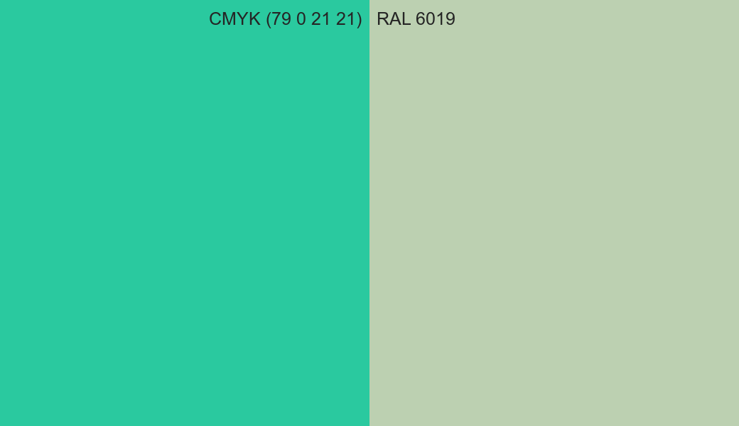 CMYK Color CMYK (79 0 21 21) vs RAL 6019 side by side comparison CMYK Color CMYK (79 0 21 21) vs RAL 6019 side by side comparison