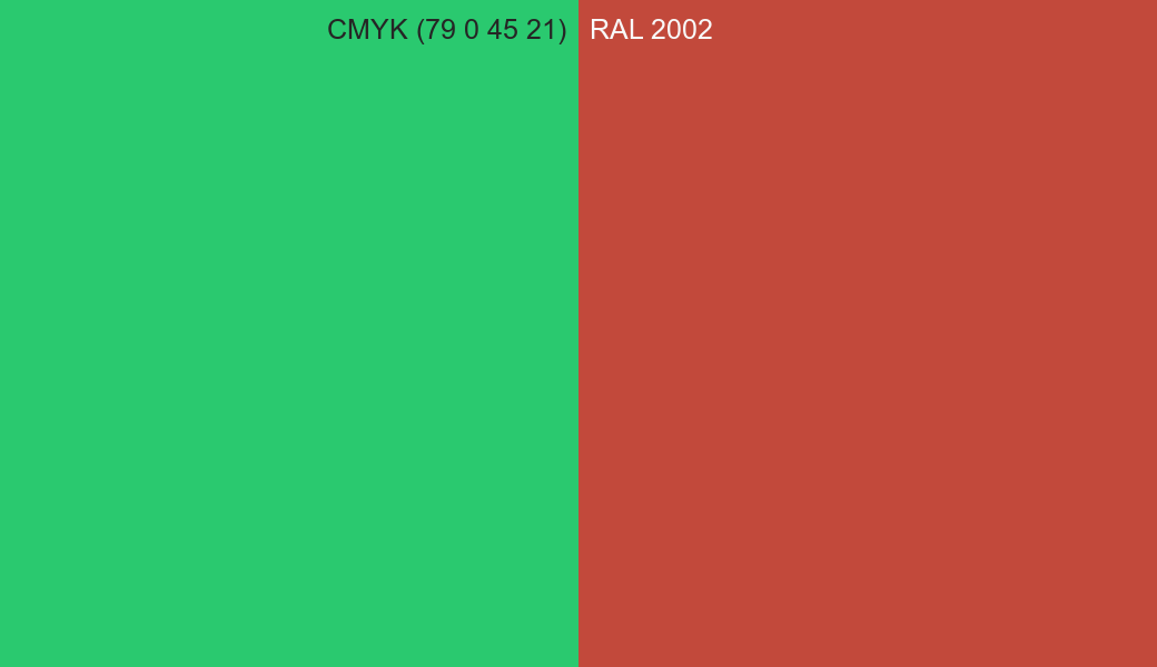 CMYK Color CMYK (79 0 45 21) vs RAL 2002 side by side comparison CMYK Color CMYK (79 0 45 21) vs RAL 2002 side by side comparison