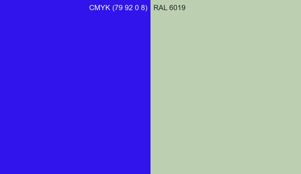 CMYK Color CMYK (79 92 0 8) vs RAL 6019 side by side comparison CMYK Color CMYK (79 92 0 8) vs RAL 6019 side by side comparison