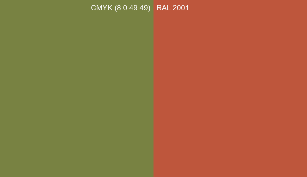 CMYK Color CMYK (8 0 49 49) vs RAL 2001 side by side comparison CMYK Color CMYK (8 0 49 49) vs RAL 2001 side by side comparison