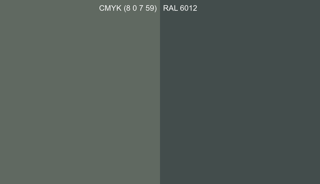 CMYK Color CMYK (8 0 7 59) vs RAL 6012 side by side comparison CMYK Color CMYK (8 0 7 59) vs RAL 6012 side by side comparison