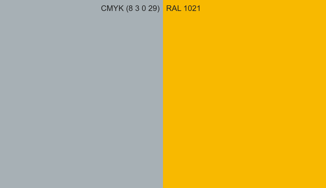 CMYK Color CMYK (8 3 0 29) vs RAL 1021 side by side comparison CMYK Color CMYK (8 3 0 29) vs RAL 1021 side by side comparison