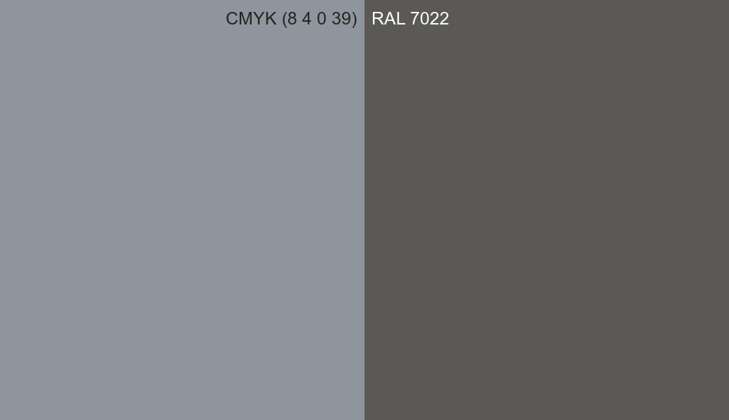 CMYK Color CMYK (8 4 0 39) vs RAL 7022 side by side comparison CMYK Color CMYK (8 4 0 39) vs RAL 7022 side by side comparison
