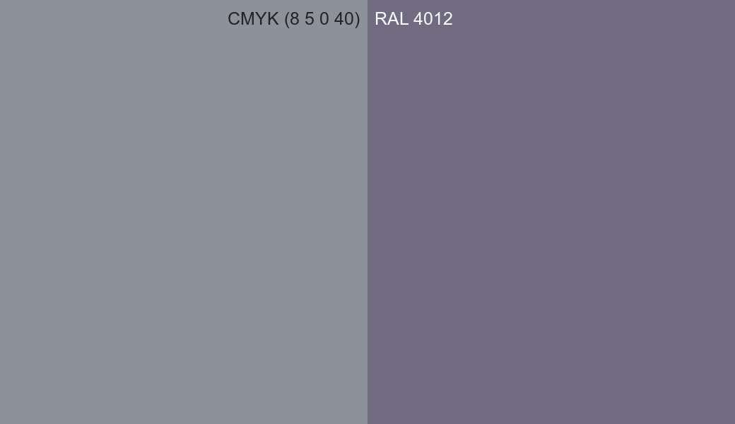 CMYK Color CMYK (8 5 0 40) vs RAL 4012 side by side comparison CMYK Color CMYK (8 5 0 40) vs RAL 4012 side by side comparison