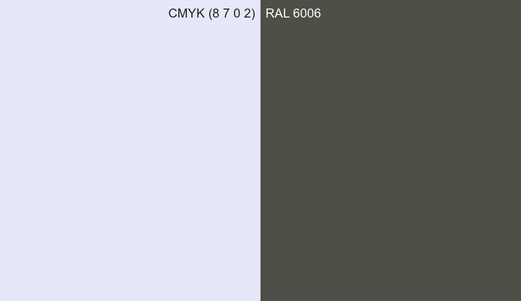 CMYK Color CMYK (8 7 0 2) vs RAL 6006 side by side comparison CMYK Color CMYK (8 7 0 2) vs RAL 6006 side by side comparison