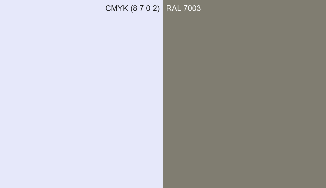 CMYK Color CMYK (8 7 0 2) vs RAL 7003 side by side comparison CMYK Color CMYK (8 7 0 2) vs RAL 7003 side by side comparison