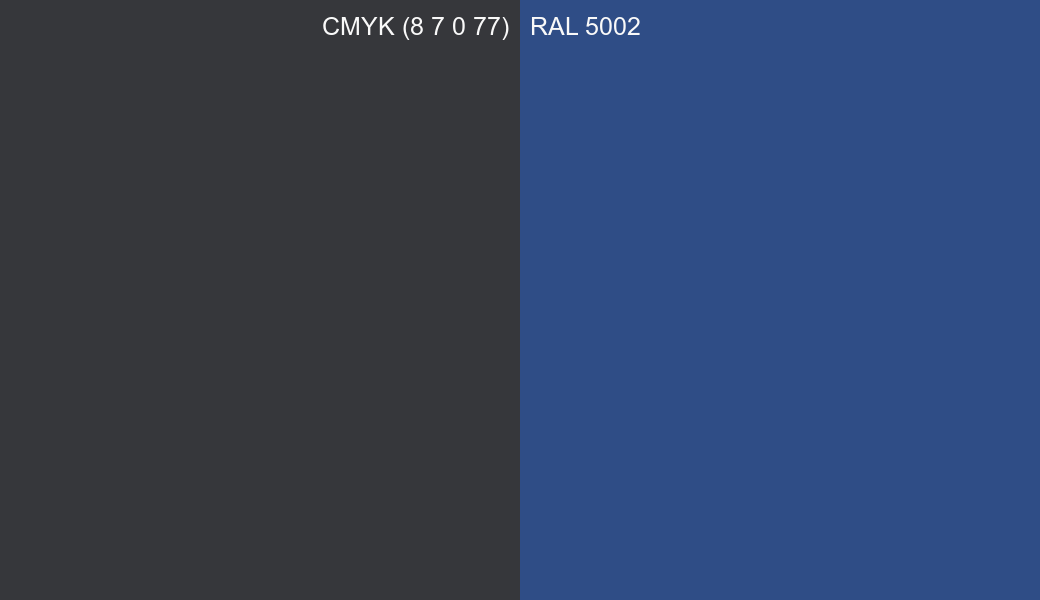 CMYK Color CMYK (8 7 0 77) vs RAL 5002 side by side comparison CMYK Color CMYK (8 7 0 77) vs RAL 5002 side by side comparison