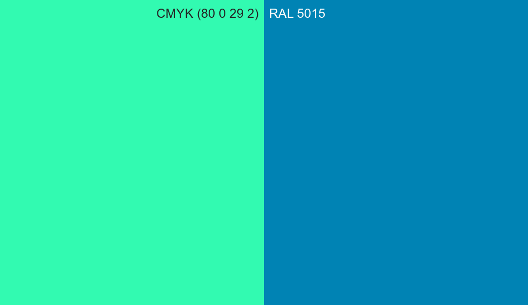 CMYK Color CMYK (80 0 29 2) vs RAL 5015 side by side comparison CMYK Color CMYK (80 0 29 2) vs RAL 5015 side by side comparison