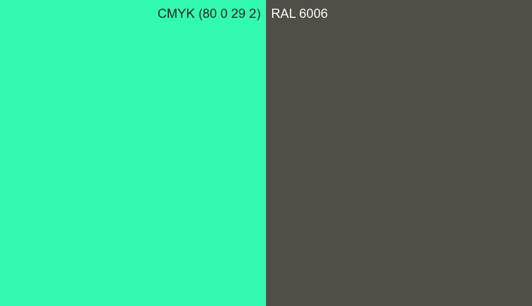 CMYK Color CMYK (80 0 29 2) vs RAL 6006 side by side comparison CMYK Color CMYK (80 0 29 2) vs RAL 6006 side by side comparison