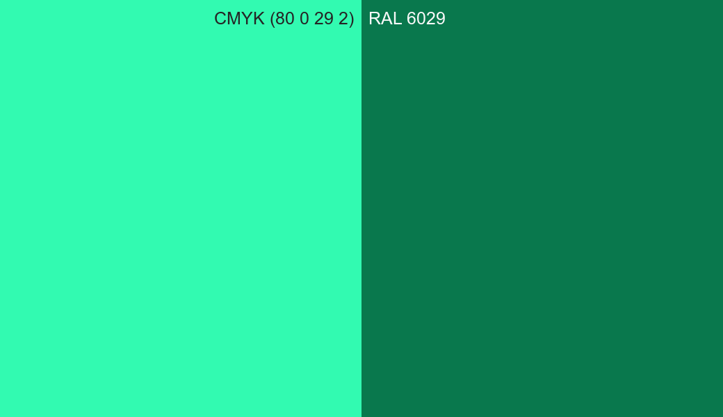 CMYK Color CMYK (80 0 29 2) vs RAL 6029 side by side comparison CMYK Color CMYK (80 0 29 2) vs RAL 6029 side by side comparison
