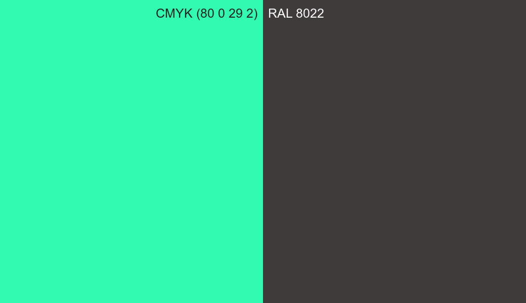 CMYK Color CMYK (80 0 29 2) vs RAL 8022 side by side comparison CMYK Color CMYK (80 0 29 2) vs RAL 8022 side by side comparison