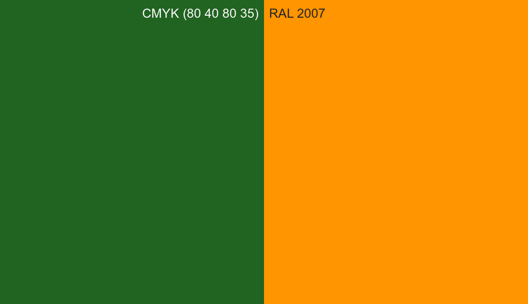 CMYK Color CMYK (80 40 80 35) vs RAL 2007 side by side comparison CMYK Color CMYK (80 40 80 35) vs RAL 2007 side by side comparison