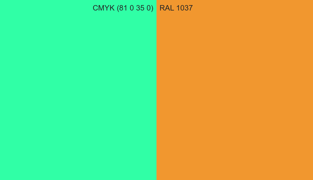 CMYK Color CMYK (81 0 35 0) vs RAL 1037 side by side comparison CMYK Color CMYK (81 0 35 0) vs RAL 1037 side by side comparison