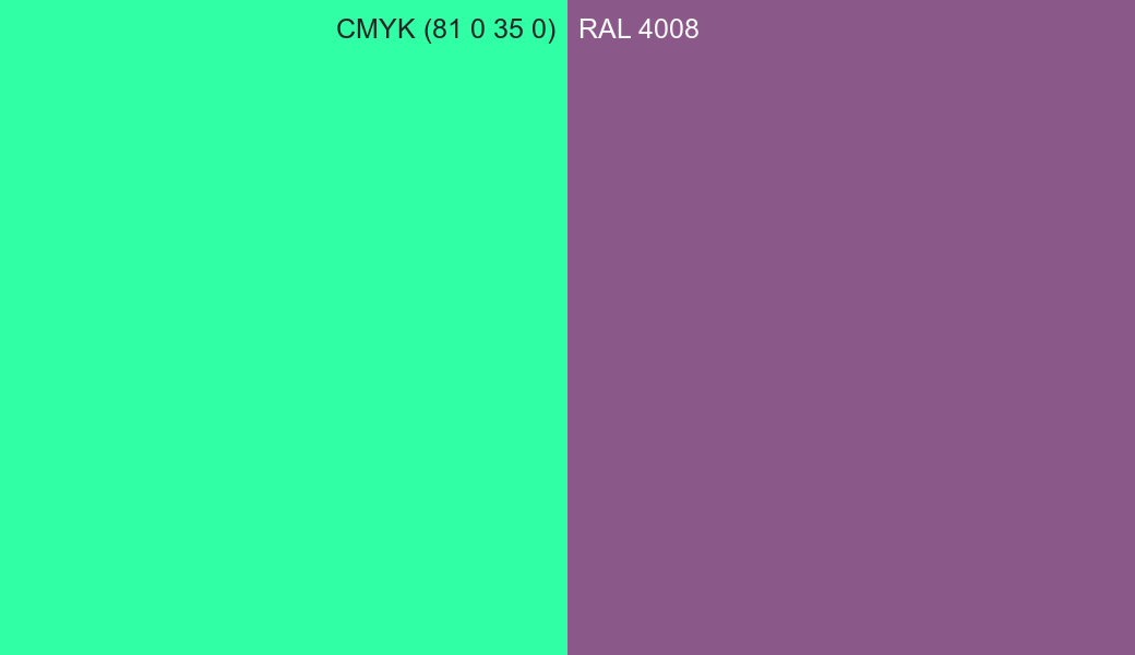 CMYK Color CMYK (81 0 35 0) vs RAL 4008 side by side comparison CMYK Color CMYK (81 0 35 0) vs RAL 4008 side by side comparison
