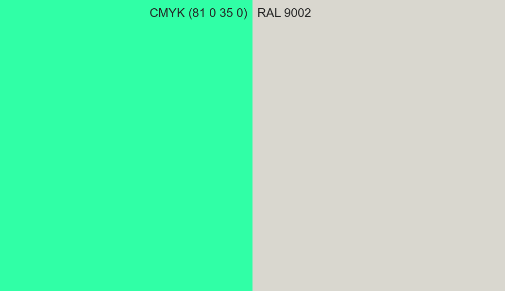 CMYK Color CMYK (81 0 35 0) vs RAL 9002 side by side comparison CMYK Color CMYK (81 0 35 0) vs RAL 9002 side by side comparison