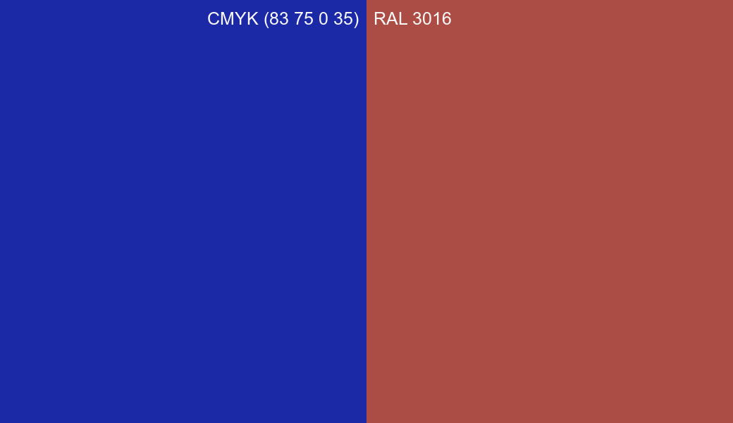 CMYK Color CMYK (83 75 0 35) vs RAL 3016 side by side comparison CMYK Color CMYK (83 75 0 35) vs RAL 3016 side by side comparison