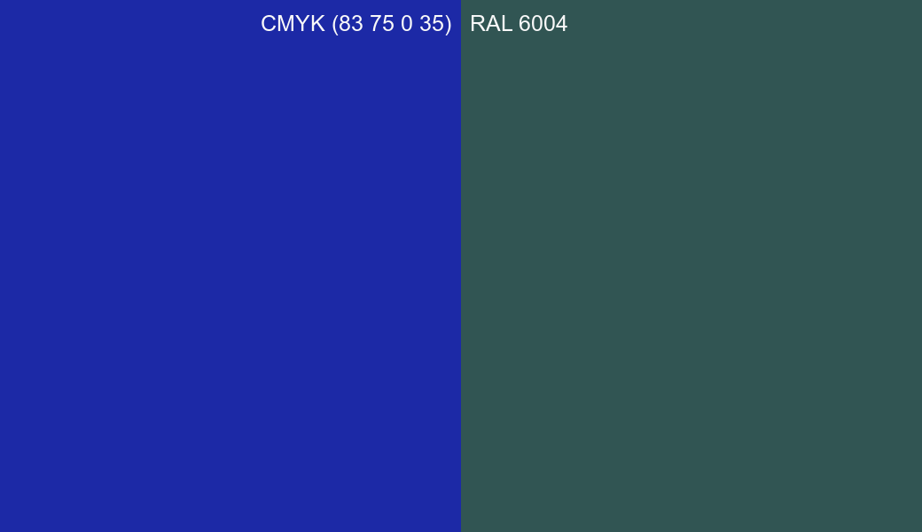 CMYK Color CMYK (83 75 0 35) vs RAL 6004 side by side comparison CMYK Color CMYK (83 75 0 35) vs RAL 6004 side by side comparison