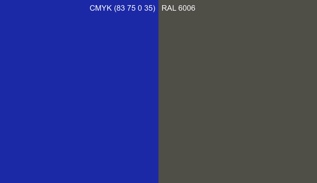CMYK Color CMYK (83 75 0 35) vs RAL 6006 side by side comparison CMYK Color CMYK (83 75 0 35) vs RAL 6006 side by side comparison